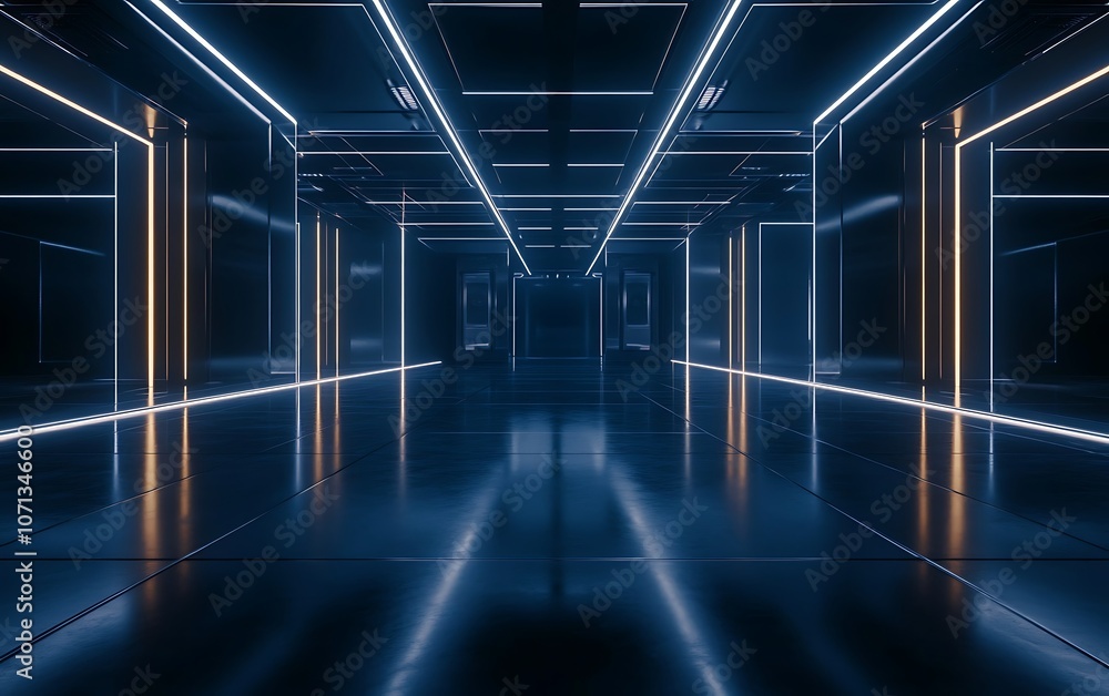 Poster a futuristic corridor with glowing neon lights and reflective surfaces, creating an immersive, high-