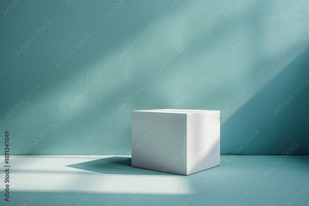 Poster minimalist white block on teal surface with soft shadows and highlights