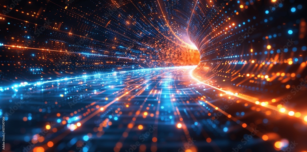Poster futuristic high speed data transfer and cyber technology background with optical light rays and tech