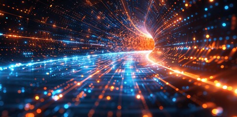 Naklejka premium Futuristic High Speed Data Transfer and Cyber Technology Background with Optical Light Rays and Tech Grid Network