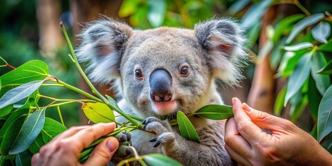 Fototapeta premium A captivating high-resolution photo documents a koala's leisurely feast on eucalyptus leaves in a vibrant grove.