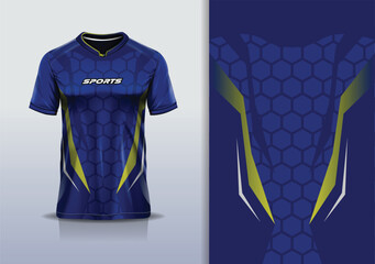 Sport jersey design template mockup polygon hexagon pattern for football soccer, running, esports, blue gold color