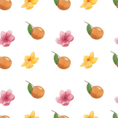 Cherry blossom, kumquat, apricot blossom watercolor seamless pattern. Vietnamese Tet holiday background. Asian lunar new year pattern design.