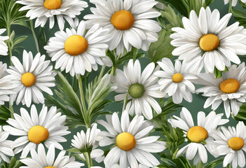 Fototapeta premium Close-up of a single white daisy with a yellow center and green leaves.