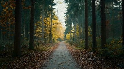 Fototapeta premium A winding forest path lined with tall trees leads through a misty autumn forest.