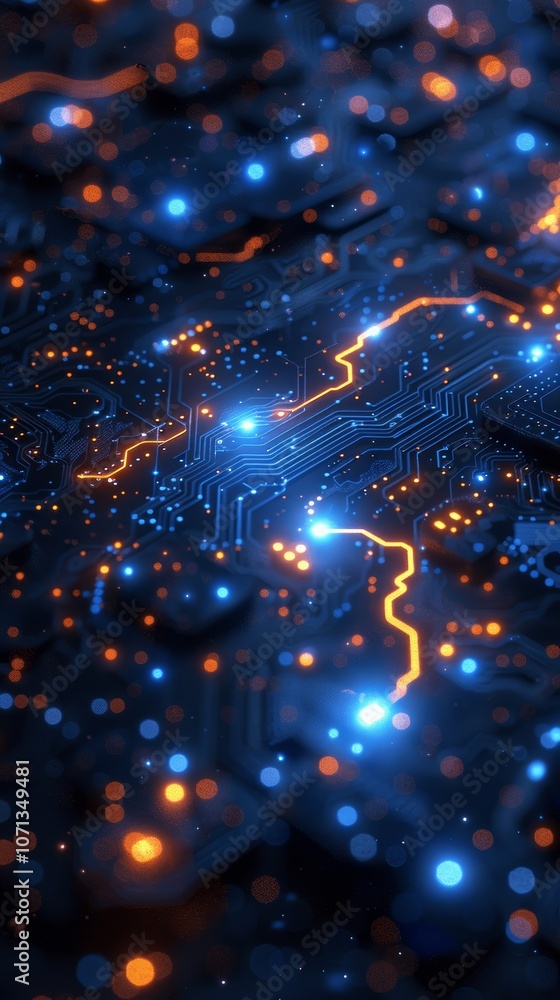 Poster quantum computing technology background with digital circuit board and cyber network