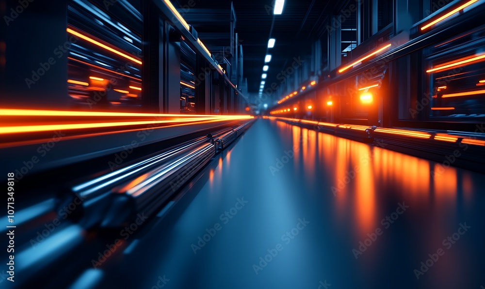 Fototapete A futuristic data center with illuminated cables creating a sense of speed and motion through a dark corridor.