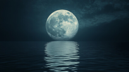 The full moon casts a soft glow across tranquil ocean waters, creating a beautiful reflection while the sky transitions into darkness. The peaceful atmosphere invites contemplation
