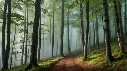 Fototapeta premium Green foggy morning forest landscape with beech trees, green forest