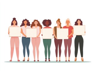 Obraz premium Feminine illustration of a diverse group of women standing together, holding signs with one blank for text, celebrating body confidence