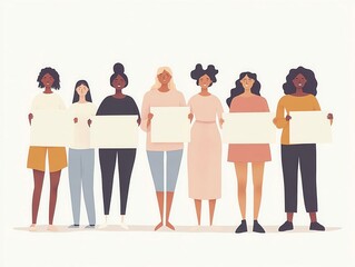 Fototapeta premium Feminine illustration of a diverse group of women standing together, holding signs with one blank for text, celebrating body confidence