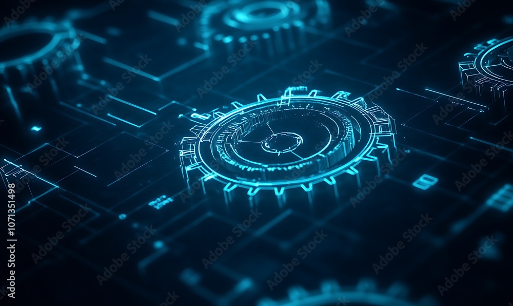 Aufkleber a futuristic digital representation of gears and circuits, showcasing a high-tech, glowing interface