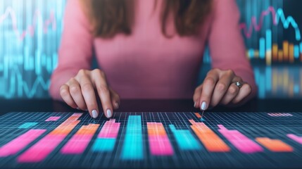 Businesswoman Analyzing Data on Digital Screen with Charts and Graphs