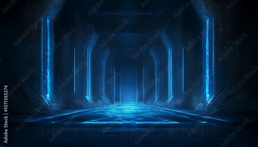 Poster a futuristic corridor illuminated with glowing blue lights, creating a mysterious and high-tech atmo