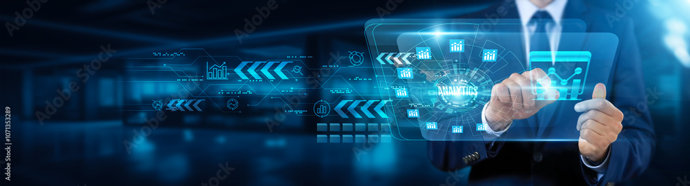 Poster analytics. businessman touching interface and data analytics, business intelligence, strategic decis