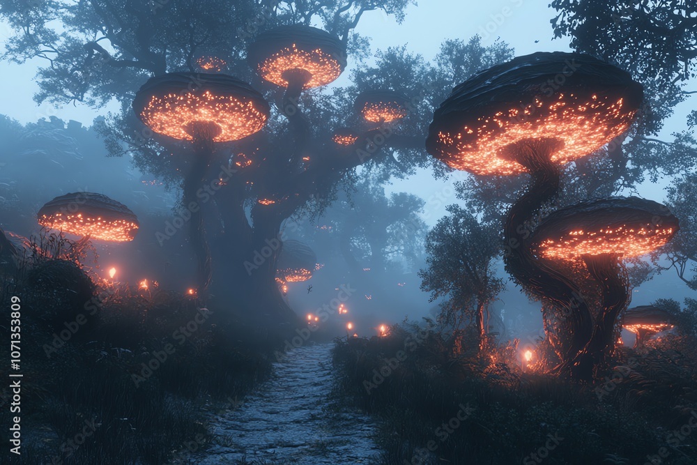 Poster a mystical forest path with glowing mushroom trees and a foggy atmosphere.