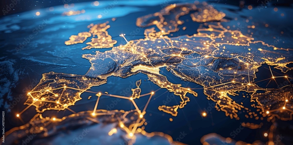 Poster european digital map with global network connections and data transfer