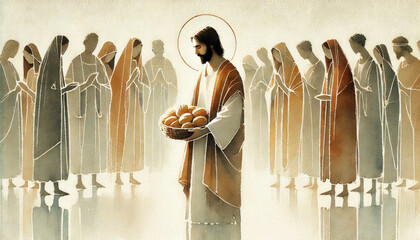 Feeding of the 5,000 (Matthew 14:13–21): Jesus multiplying loaves and fishes. Digital painting.