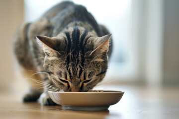 A cat is eating food from a white bowl on a wooden floor