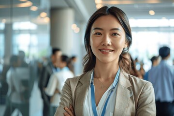 Smiling Asian Businesswoman at Conference in Modern Office Building