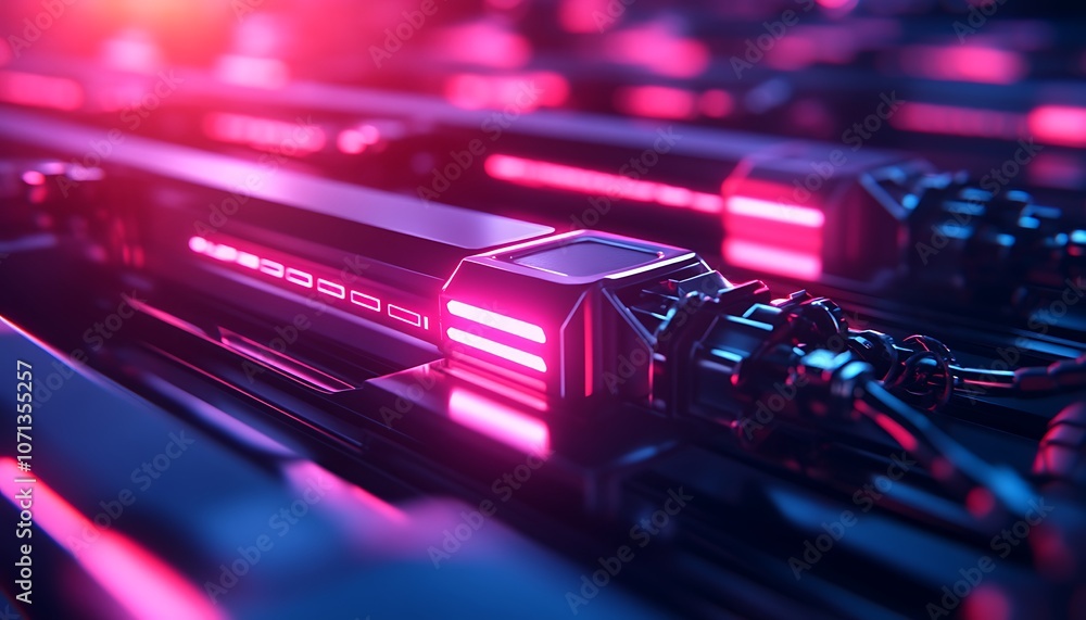 Poster a futuristic, close-up view of illuminated tech components, showcasing glowing lights and sleek desi