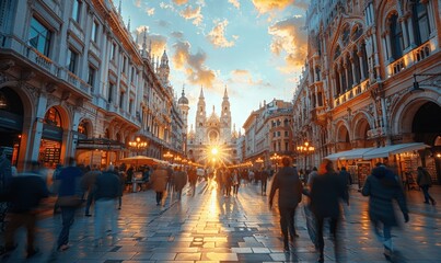 Dynamic motion blur of busy city square at sunset with people walking in all directions