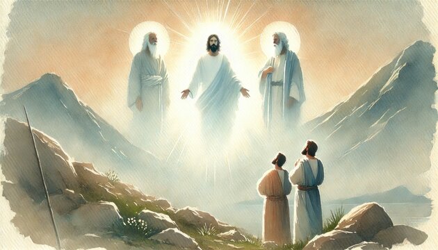 Jesus shining in radiant glory on the mountain. Digital painting.