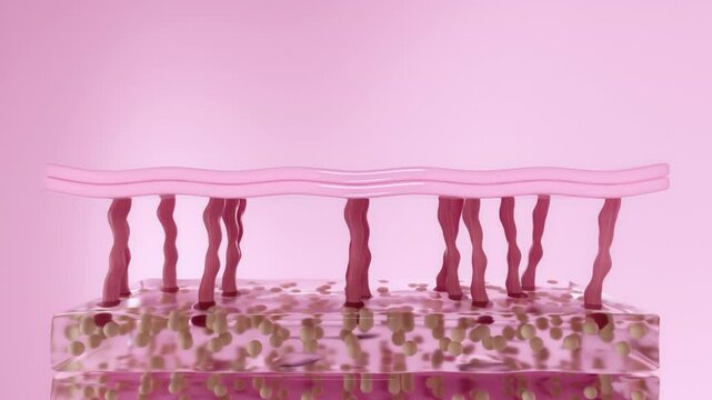 On a pink backdrop, a front-view 3D rendering video demonstrates the process of collagen fiber regeneration in the skin layer that gradually recovers and smooths back out.