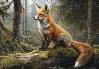 Fototapeta premium A red fox sitting on a mossy log in a forest, looking at the camera on a sunny day
