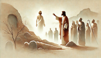 Raising Lazarus from the Dead (John 11:1–44): Jesus calling Lazarus to come forth from the tomb. Digital painting.