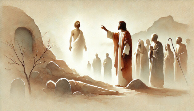 Raising Lazarus from the Dead (John 11:1&ndash;44): Jesus calling Lazarus to come forth from the tomb. Digital painting.