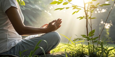 Mindful Breathing A closeup of hands resting on the knees of someone sitting crosslegged their palms turned up in a meditative pose. Sunlight filters through the leaves of a nearby