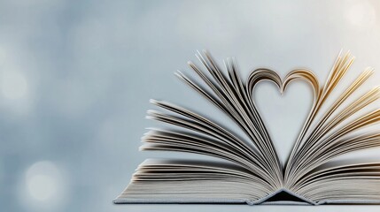An open book with pages in a heart shape, against a soft-focus background, symbolizing a love for literature.