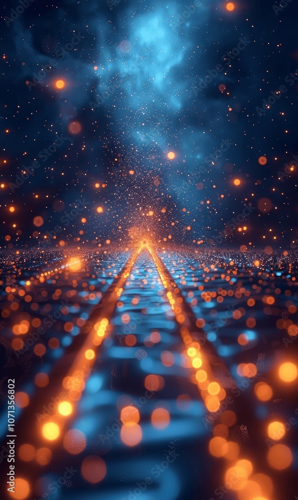 Poster glowing light beam arrow leading to darkness in digital data flow concept with bokeh lights