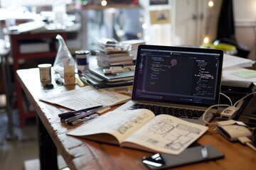 Naklejka premium Explore creative ideas with an open notebook and laptop on a cozy workspace desk