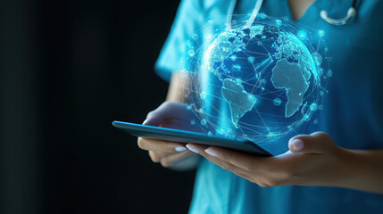 A healthcare professional holds a tablet displaying a digital globe, symbolizing global connectivity.
