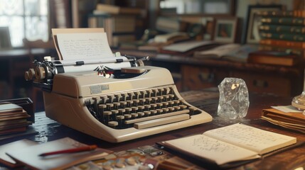 A vintage typewriter sits proudly on a rustic desk surrounded by timeless books and memories