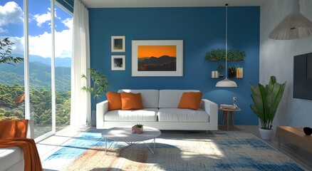 Fototapeta premium Minimalist living room with blue walls, white sofa, and a table