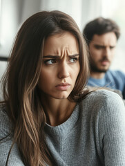 A woman looks displeased while a man appears distant in the background, suggesting tension.