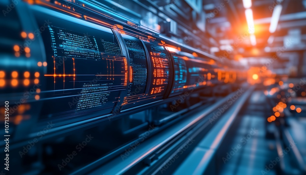 Poster a futuristic industrial scene featuring illuminated machinery and intricate circuitry, evoking advan