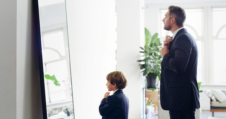 Father, child and help with tie for suit by mirror for event preparation, learning fashion or ready...