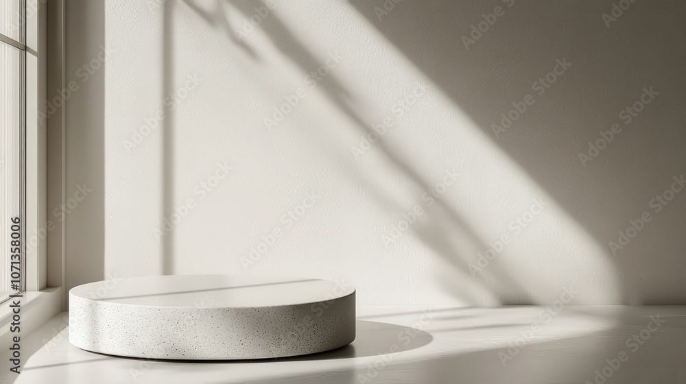 Canvas Prints empty round podium near window illuminating white wall with dramatic shadows for product placement