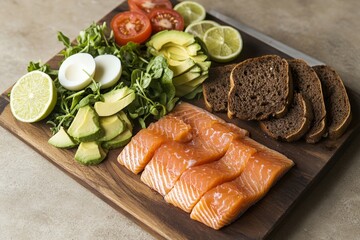 Healthy breakfast spread with salmon, avocado, and rye bread on a wooden board