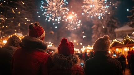 Christmas family gathering with fireworks outdoors, Families Celebrating Christmas Outdoors with Fireworks