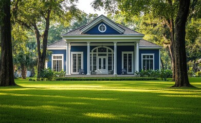 New construction home in Washington state with blue exterior walls and white trim, featuring large windows on the front of each room, lush green grass at its base, surrounded by trees and oth
