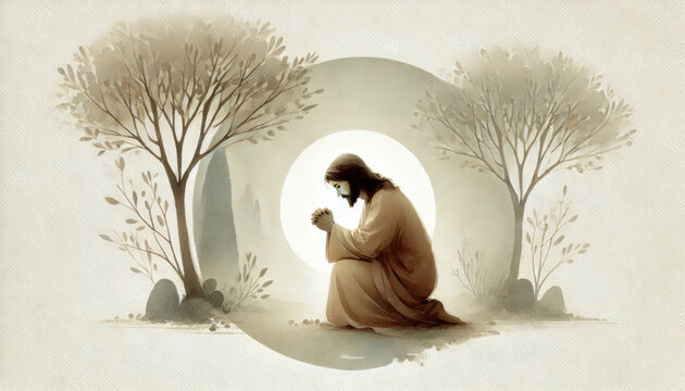 Jesus praying fervently in the Garden of Gethsemane, asking for strength. Digital painting.