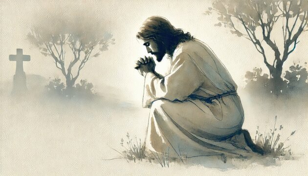 Jesus praying fervently in the Garden of Gethsemane, asking for strength. Digital painting.