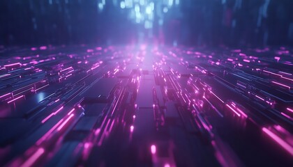 Fototapeta premium A vibrant, futuristic scene depicting streams of pink and blue lights flowing across a digital landscape.