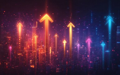 Futuristic growth arrow diagram represents digital innovation on a high-tech backdrop. Large scale data analysis drives financial progress in trading and investing.