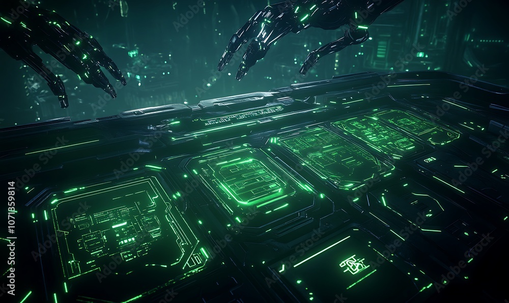 Poster a futuristic scene featuring glowing green circuitry and mechanical hands, suggesting advanced techn